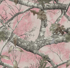 Realistic forest camouflage. Seamless pattern. Conifer tree, branches and leaves on sky blue background. Useable for hunting and military purposes.  © Aglaia