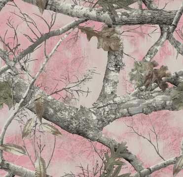 Realistic forest camouflage. Seamless pattern. Conifer tree, branches and leaves on sky blue background. Useable for hunting and military purposes.	