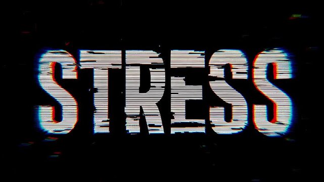 Glitch stress text animation: seamless loop with black background overlay