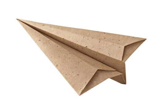 Folded kraft paper airplane with a washi-tape stripe on the wing and visible fibers, playful handmade look, isolated on transparent background.

