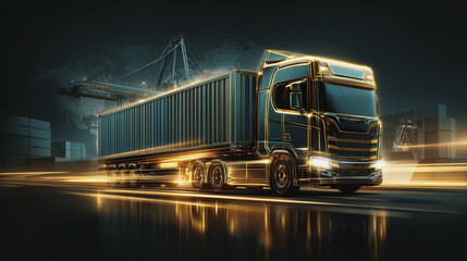 Fototapeta premium Double exposure of Twilight view of Container truck in ship port for business Logistics and transportation of Container Cargo ship and Cargo plane with working crane bridge with Earth and world map