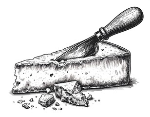 Detailed illustration of a cheese wedge with a knife