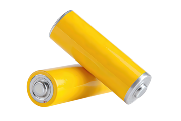 Two AA batteries with sunflower-yellow sleeves and silver tops, one standing upright and one leaning slightly, clean metallic detail, isolated on transparent background.
