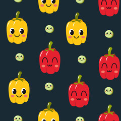 Cute Cartoon Bell Peppers and Peas Seamless Pattern with Happy Faces and Vibrant Colors on a Dark Blue Background Vector Illustration