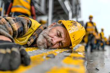 Construction worker lying on the ground beside a hard hat, illustrating workplace safety risks and the importance of protective measures on-site.
