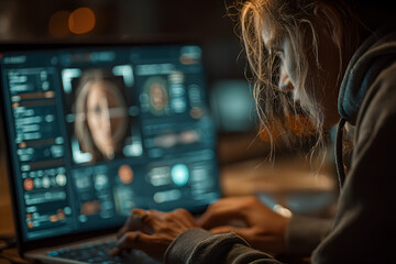 Focused young woman working on a laptop with facial recognition software on screen, suggesting cybersecurity, biometrics, or tech development.
