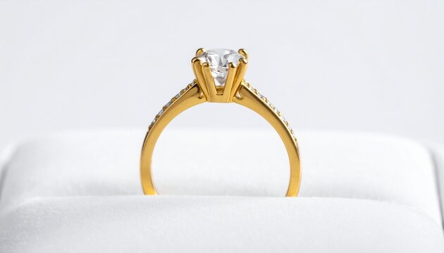 Solitaire Diamond with Side Diamond Center Collet on Same Level Shank in Yellow Gold Inserted in Nice Ring Velvet Ring Box Side View Angle 
