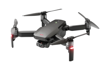 Matte graphite quad-rotor drone with extended folding arms and downward-tilted camera gimbal, sleek modern design, isolated on transparent background.
