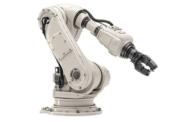 Industrial robotic arm in light gray with black cabling and visible bolts, gripping a neutral tool head, precision engineering detail, isolated on transparent background.
