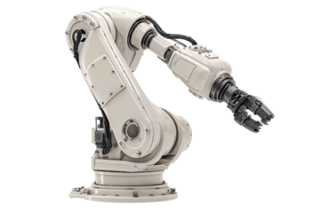 Industrial robotic arm in light gray with black cabling and visible bolts, gripping a neutral tool head, precision engineering detail, isolated on transparent background.

