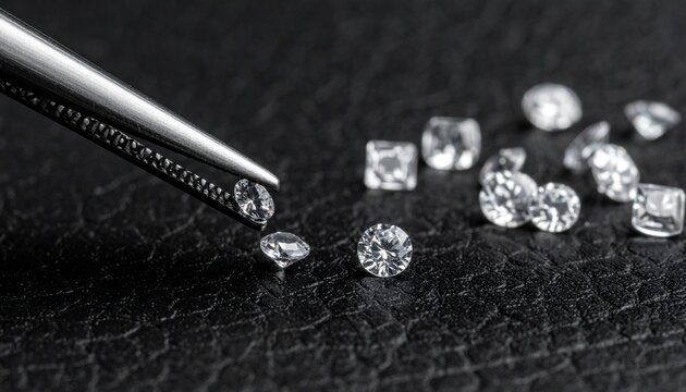 Gemologist Picking through Metal Tweezers a Right Solitaire Diamond from among others on the Table on Matt Black Tray