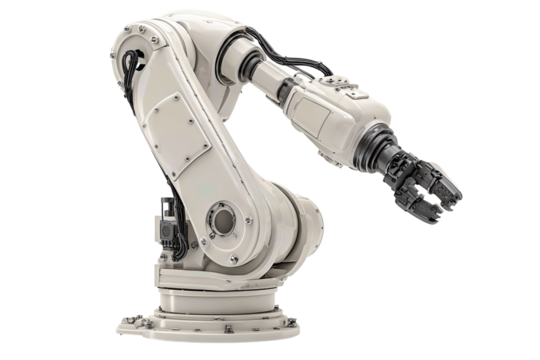 Industrial robotic arm in light gray with black cabling and visible bolts, gripping a neutral tool head, precision engineering detail, isolated on transparent background.
 - Powered by Adobe