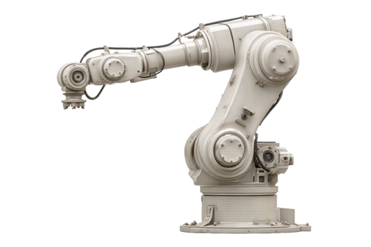 Industrial robotic arm in light gray with black cabling and visible bolts, gripping a neutral tool head, precision engineering detail, isolated on transparent background.
