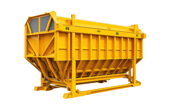 Heavy-duty vibratory screen hopper in safety yellow with grated top and visible reinforcement ribs, rugged industrial design, isolated on transparent background.
