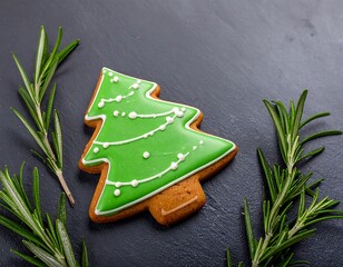 Festive Christmas tree-shaped gingerbread cookie on a dark slate surface, adorned with rosemary sprigs