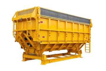 Heavy-duty vibratory screen hopper in safety yellow with grated top and visible reinforcement ribs, rugged industrial design, isolated on transparent background.
