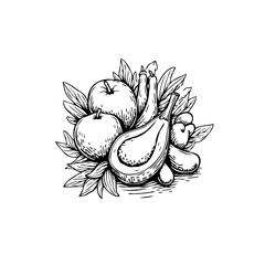 Elegant monochrome sketch of autumnal fruits and vegetables arranged in a delightful composition