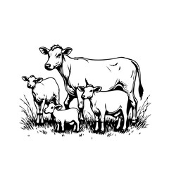 Elegant monochrome illustration of a serene cow family grazing peacefully in lush meadow artwork