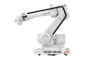 Industrial gantry robot in white enamel finish with extended arm and black cable chains, base showing vent slots and clean detailing, isolated on transparent background.
