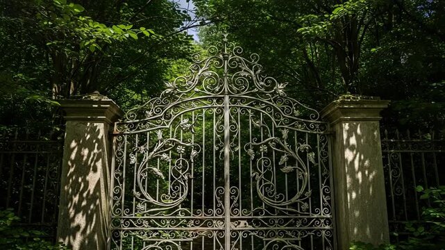 Ornate wrought iron gate in a lush, green forest setting