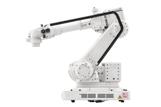 Industrial gantry robot in white enamel finish with extended arm and black cable chains, base showing vent slots and clean detailing, isolated on transparent background.
