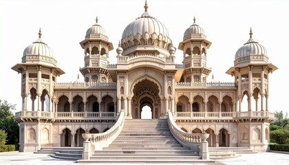 Fototapeta premium Grand Palace with Domes Arches and Staircase Representing Mughal Architecture Cultural Heritage Ornate Design Symmetry and Historical Craftsmanship