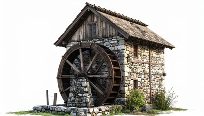 Obraz premium Rustic Stone and Wood Watermill with Large Wheel Representing Traditional Architecture Historical Technology Rural Heritage and Mechanical Design