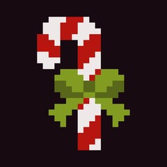 Mosaic pixel candy cane with a green leaf, showing a festive, retro design in a cartoon style.