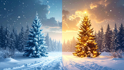 Fototapeta premium A snowy split card showing icy fir trees on one half and glowing golden lights on the other.