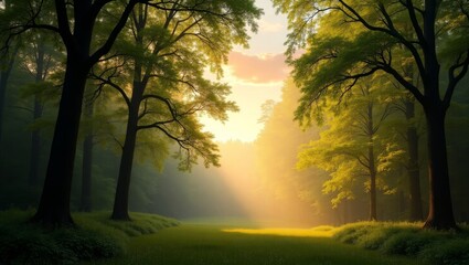 Fototapeta premium Sunbeams through forest canopy illuminating green meadow