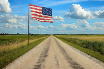 Long country road with American flag under a blue sky filled with clouds