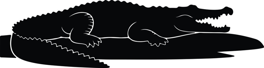 Vector silhouette alligator resting on a log illustration