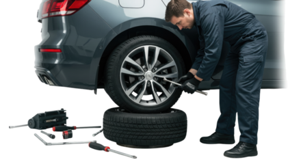 Mechanic changing a car tire transparent background cutout png