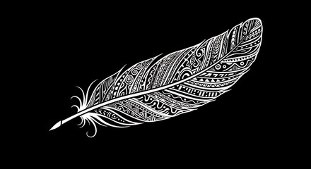Intricate white feather illustration against black background for decorative and symbolic designs