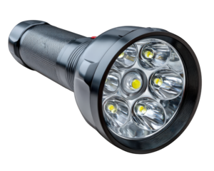 Modern black rechargeable LED flashlight gadget, powerful bright torch for illumination. dependable tool providing reliable light in dark for safety and security