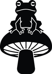 Vector silhouette frog sitting on mushroom toadstool illustration