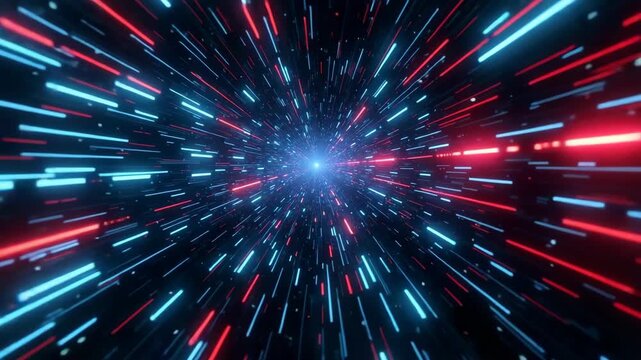 Abstract digital illustration of blue and red glowing light streaks moving rapidly through space towards a distant bright point, symbolizing fast travel or data transmission in a futuristic