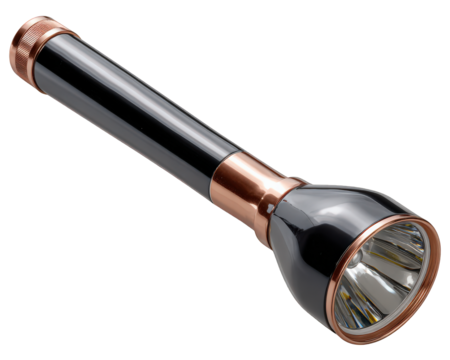 Modern rechargeable LED flashlight gadget, powerful torch for illumination. Portable equipment with shiny reflector provides bright light for any dark situation