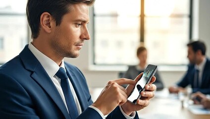 A businessman in a blue suit checks a financial graph on a smartphone during a meeting - Powered by Adobe