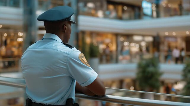A calm, professional security officer observing supermarket activity from an elevated position, symbolizing vigilance, awareness, professionalism, and the continuous protection of customers,