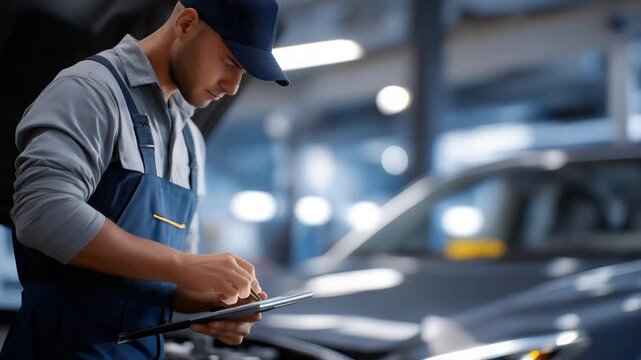 A mechanic connecting diagnostic sensors to a car&rsquo;s computer system, representing innovation, technology, data-driven solutions, and the evolution of modern automotive engineering. cinematic color