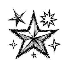 Obraz premium Hand drawn star collection, textured celestial shapes design with a sketch style and radiant