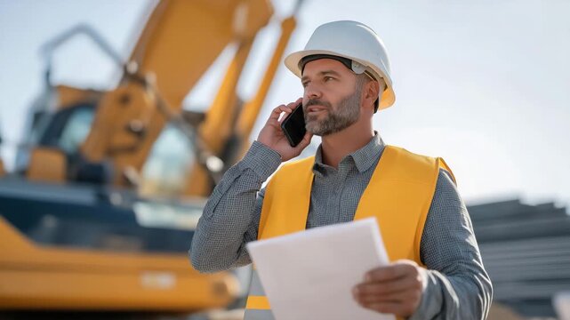 A skilled engineer inspecting excavators and cranes while discussing blueprints with colleagues, highlighting leadership, safety, communication, innovation, and collaboration in modern construction