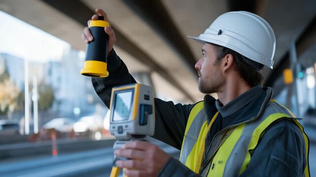A technician measuring lane width and alignment before painting, highlighting accuracy, planning, engineering expertise, and quality assurance in the transportation infrastructure sector. cinematic