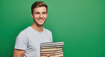 Cheerful Young Man in T-Shirt Holding Stack of Books Against Vibrant Green Background