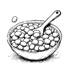 Hand-drawn bowl full of delicious white beans and a spoon ready for eating healthy organic nutrition
