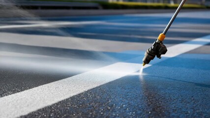 A close-up of paint being sprayed through a road marking nozzle, with clear contrast between fresh lines and asphalt, representing precision, craftsmanship, visibility, and quality control in
