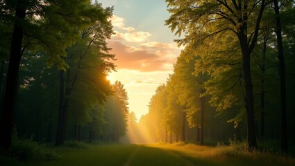 Sunbeams through green forest canopy at sunrise nature