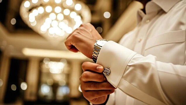 An elegantly dressed man adjusts his cufflink and wristwatch, showcasing the finer details