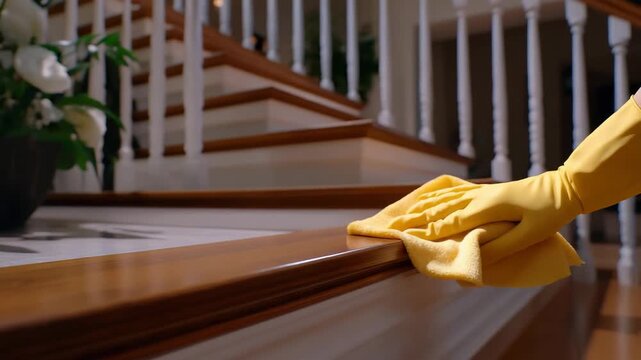 A close-up of hands wearing gloves disinfecting stair railings with a microfiber cloth, representing hygiene, safety, precision, and the importance of cleanliness in shared spaces for public health